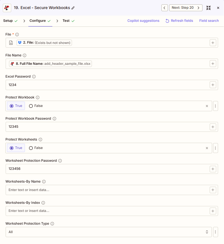 Configuration Zapier des classeurs sécurisés Excel PDF4me : Fichier, Nom du fichier, Mot de passe Excel : 1234, Protection du classeur : Oui, Mot de passe de protection du classeur : 12345, Protection des feuilles de calcul : Oui, Mot de passe de protection des feuilles de calcul : 123456, Type de protection des feuilles de calcul : Tous